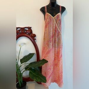 Vintage Sheer Maxi Floral Pink and Orange Nightgown Slip Dress
